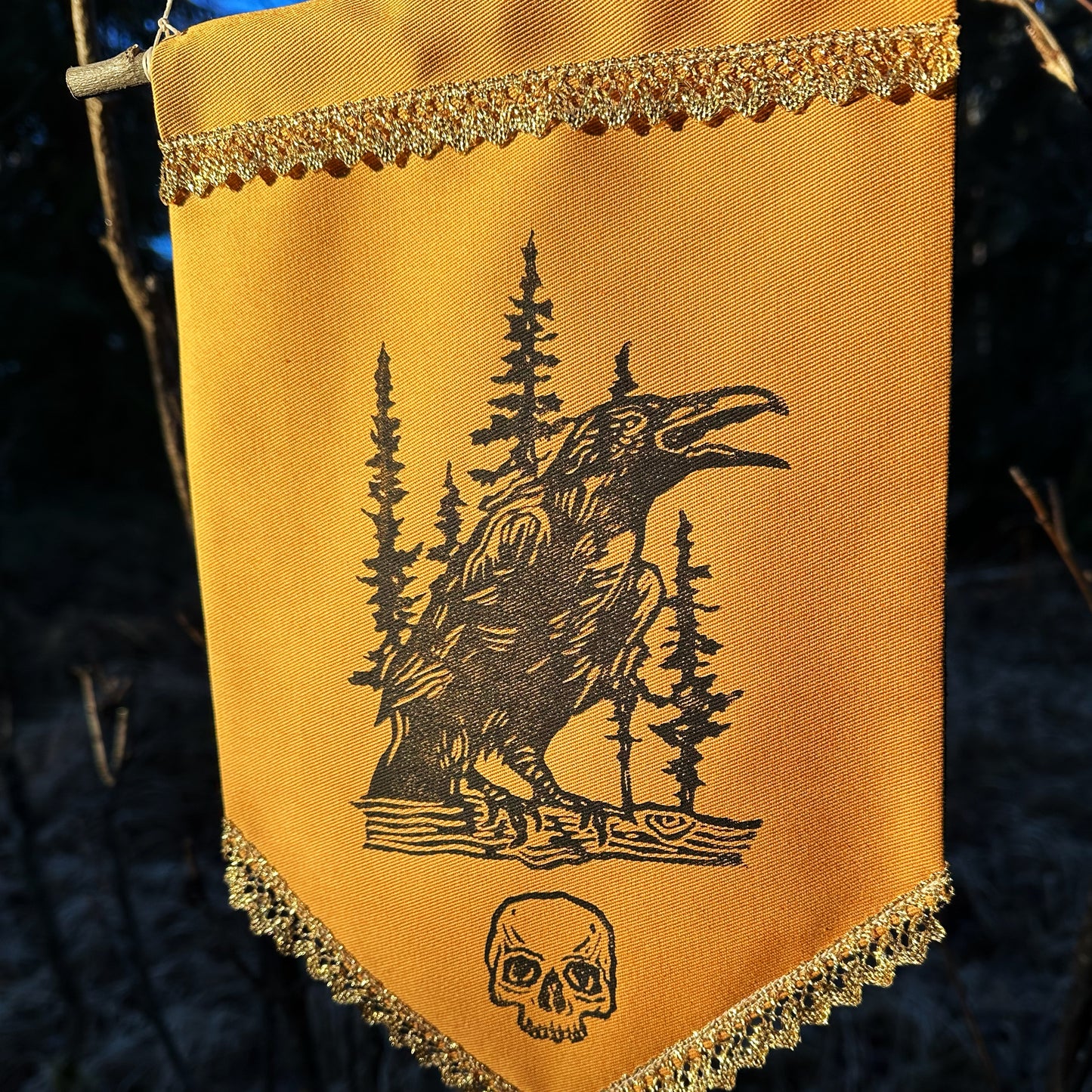 Raven banner linocut
