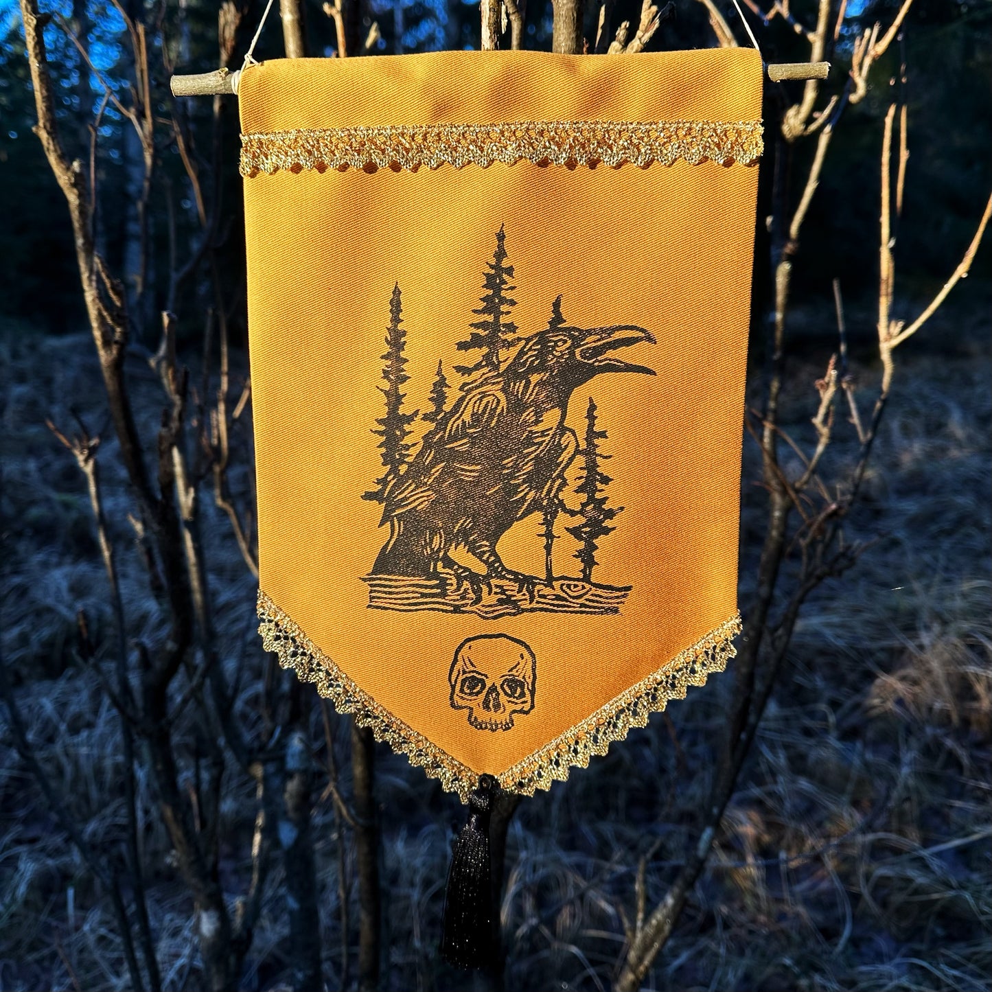 Raven banner linocut