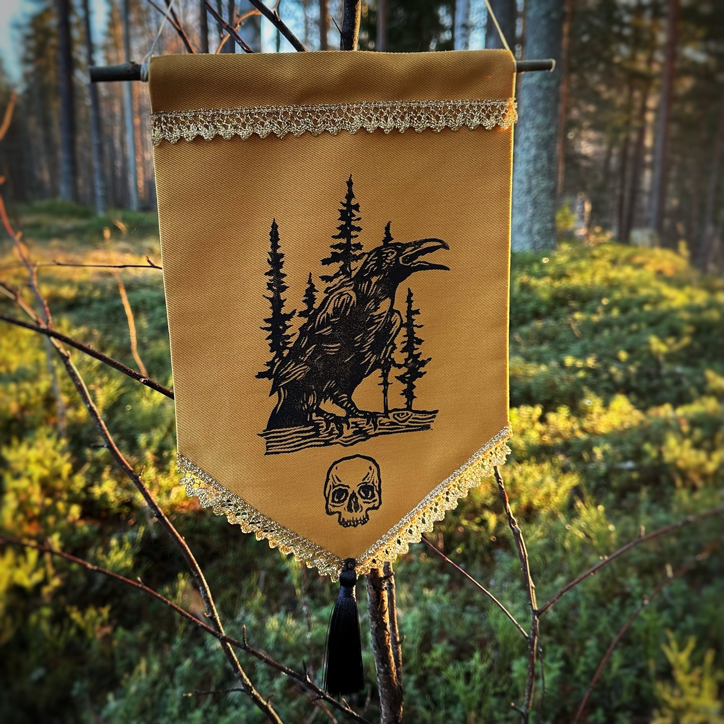 Raven banner linocut